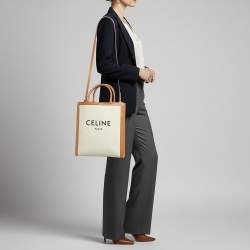 مملوكة مسبقًا حقيبة يد سيلين كاباس قماش طبيعي وجلد صغيرة رأسية تان