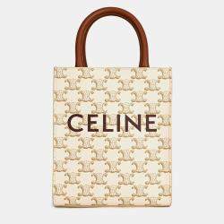 مملوكة مسبقًا Celine White/Brown Leather/Canvas Mini Triomphe Cabas Vertical Tote with Strap