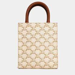مملوكة مسبقًا Celine White/Brown Leather/Canvas Mini Triomphe Cabas Vertical Tote with Strap