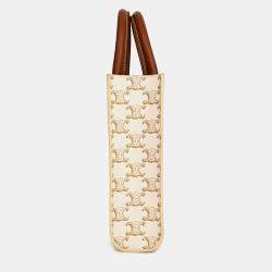 مملوكة مسبقًا Celine White/Brown Leather/Canvas Mini Triomphe Cabas Vertical Tote with Strap