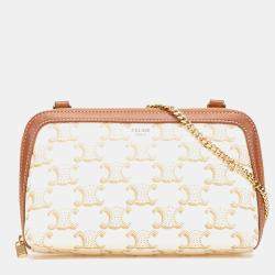 Pre Owned Celine White Triomphe Coated Canvas Clutch On Chain