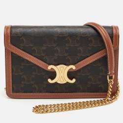 Pre Owned Celine Margo Brown/Tan Triomphe Coated Canvas and Leather Wallet on Chain