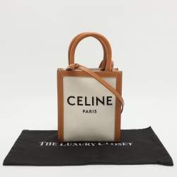 Pre Owned Celine Cabas Mini Tan/White Canvas and Leather Vertical Tote