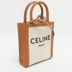Pre Owned Celine Cabas Mini Tan/White Canvas and Leather Vertical Tote