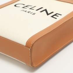 Pre Owned Celine Cabas Mini Tan/White Canvas and Leather Vertical Tote