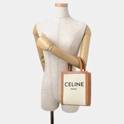 Pre Owned Celine Vertical Cabas 2-Way Tote Natural/Tan Canvas Leather Size Mini