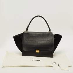 Pre Owned Celine Trapeze Large Black Croc Embossed Leather and Suede Top Handle Bag