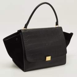 Pre Owned Celine Trapeze Large Black Croc Embossed Leather and Suede Top Handle Bag