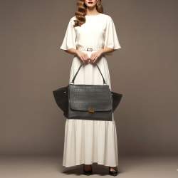 Pre Owned Celine Trapeze Large Black Croc Embossed Leather and Suede Top Handle Bag