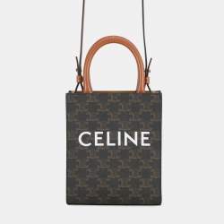 Pre Owned Celine Triomphe Vertical Cabas Mini Tan Triomphe Canvas Calfskin Leather Tote Bag