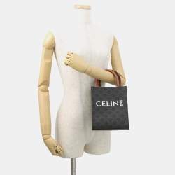 Pre Owned Celine Triomphe Vertical Cabas Mini Tan Triomphe Canvas Calfskin Leather Tote Bag