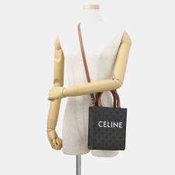 Pre Owned Celine Triomphe Vertical Cabas Mini Tan Triomphe Canvas Calfskin Leather Tote Bag