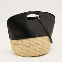 Pre Owned Celine Handle Basket Medium Black/Natural Raffia and Leather Bag