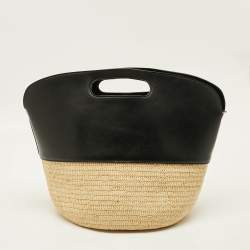 Pre Owned Celine Handle Basket Medium Black/Natural Raffia and Leather Bag