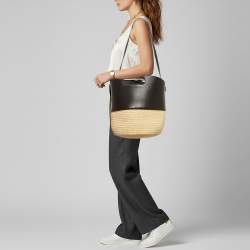 Pre Owned Celine Handle Basket Medium Black/Natural Raffia and Leather Bag