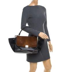Pre Owned Celine Black/Brown Calf Hair and Leather Medium Trapeze Top Handle Bag