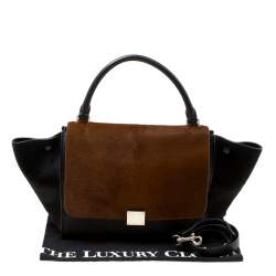 Pre Owned Celine Black/Brown Calf Hair and Leather Medium Trapeze Top Handle Bag
