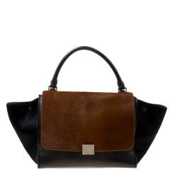 Pre Owned Celine Black/Brown Calf Hair and Leather Medium Trapeze Top Handle Bag