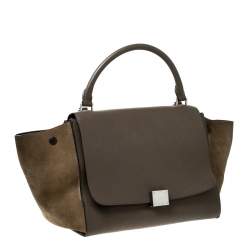 Pre Owned Celine Olive Green Leather and Suede Medium Trapeze Top Handle Bag