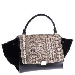 Pre Owned Celine Black/Beige Python/Suede and Leather Medium Trapeze Bag