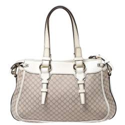 Pre Owned Celine White/Beige Macadam Canvas and Croc Embossed Leather Shoulder Bag