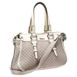 Pre Owned Celine White/Beige Macadam Canvas and Croc Embossed Leather Shoulder Bag