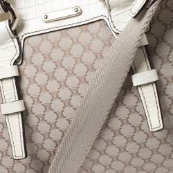 Pre Owned Celine White/Beige Macadam Canvas and Croc Embossed Leather Shoulder Bag