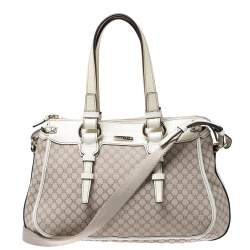 Pre Owned Celine White/Beige Macadam Canvas and Croc Embossed Leather Shoulder Bag