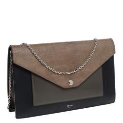 Pre Owned Celine Tri Color Leather and Patent Leather Pocket Clutch on Chain