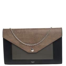 Pre Owned Celine Tri Color Leather and Patent Leather Pocket Clutch on Chain