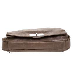 Pre Owned Celine Dark Beige Pebbled Leather Trunlock Flap Chain Bag