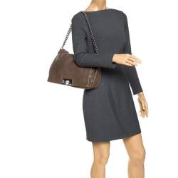 Pre Owned Celine Dark Beige Pebbled Leather Trunlock Flap Chain Bag