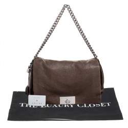 Pre Owned Celine Dark Beige Pebbled Leather Trunlock Flap Chain Bag