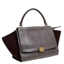 مملوكة مسبقًا Celine Burgundy/Grey Python and Suede Medium Trapeze Tote