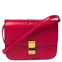 Pre Owned Celine Magenta Python Medium Classic Box Shoulder Bag