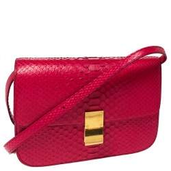 Pre Owned Celine Magenta Python Medium Classic Box Shoulder Bag