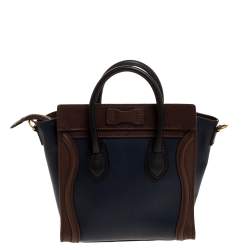 Pre Owned Celine Navy Blue/Brown Leather Nano Luggage Tote
