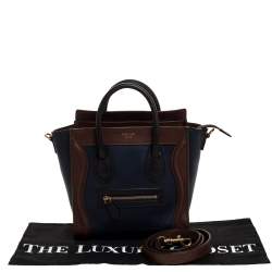 Pre Owned Celine Navy Blue/Brown Leather Nano Luggage Tote