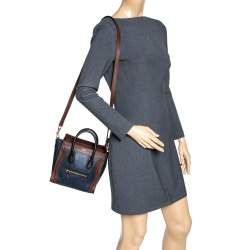Pre Owned Celine Navy Blue/Brown Leather Nano Luggage Tote