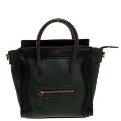 Pre Owned Celine Green/Black Leather Nano Luggage Tote