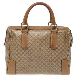 Celine Beige Coated Canvas and Leather Macadam Boston Bag