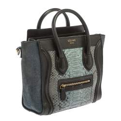 Pre Owned Celine Blue/Black Python/Leather and Suede Nano Luggage Tote