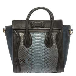 Pre Owned Celine Blue/Black Python/Leather and Suede Nano Luggage Tote