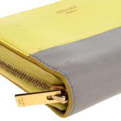 Pre Owned Celine Yellow/Grey Leather Zip Around Coin Purse