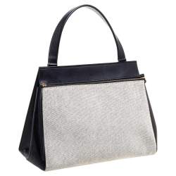 Pre Owned Celine Black/Ivory Leather and Canvas Medium Edge Top Handle Bag