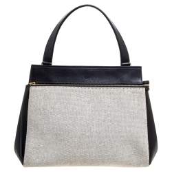 Pre Owned Celine Black/Ivory Leather and Canvas Medium Edge Top Handle Bag