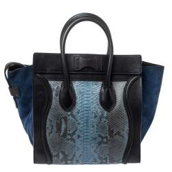 Pre Owned حقيبة يد سيلين ميني لاغيدج جلد وسويدي وجلد ثعبان سوداء/ زرقاء