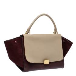 Pre Owned Celine Burgundy/Beige Leather and Suede Medium Trapeze Bag