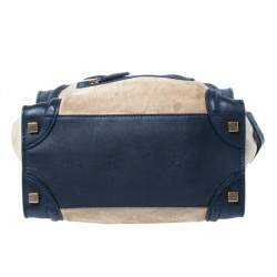 Pre Owned Celine Beige/Navy Blue Suede and Leather Micro Luggage Tote