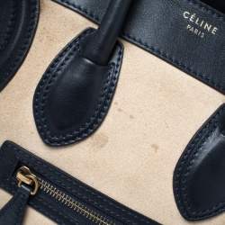 Pre Owned Celine Beige/Navy Blue Suede and Leather Micro Luggage Tote
